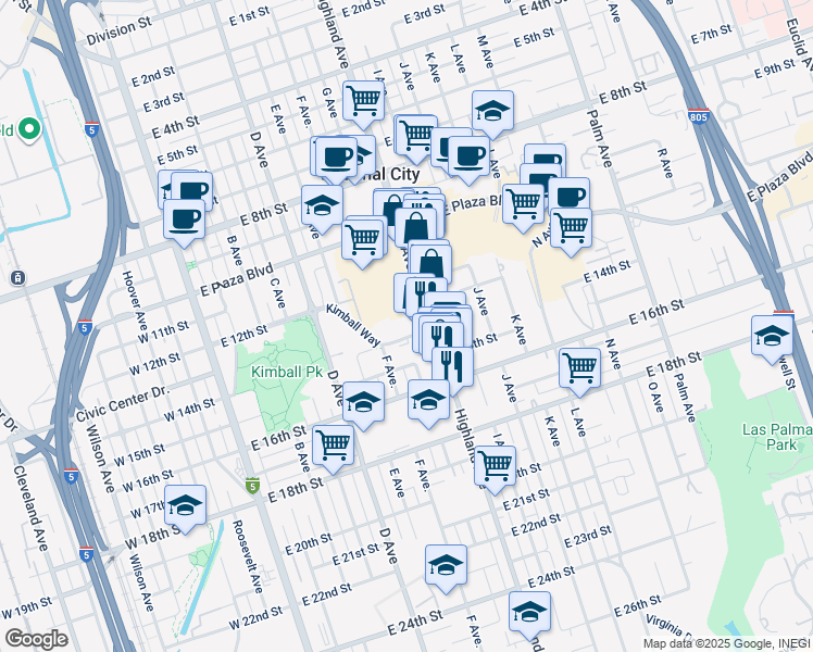 map of restaurants, bars, coffee shops, grocery stores, and more near 1314 Highland Avenue in National City
