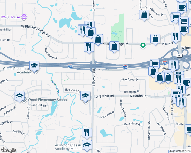 map of restaurants, bars, coffee shops, grocery stores, and more near 4500 Ridgecrest Drive in Arlington