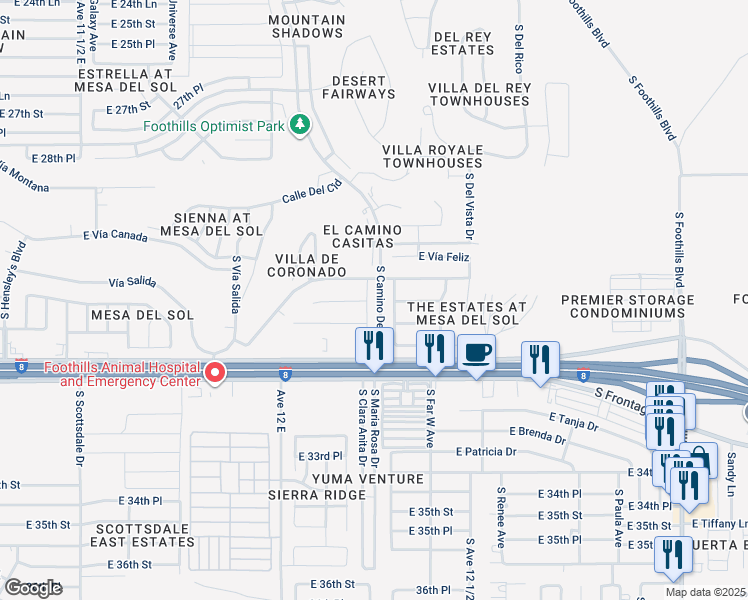 map of restaurants, bars, coffee shops, grocery stores, and more near 10749 Avenue Esperanza in Yuma