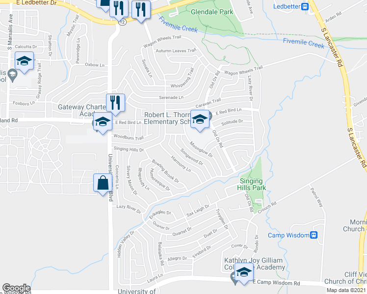 map of restaurants, bars, coffee shops, grocery stores, and more near 6134 Songwood Dr in Dallas