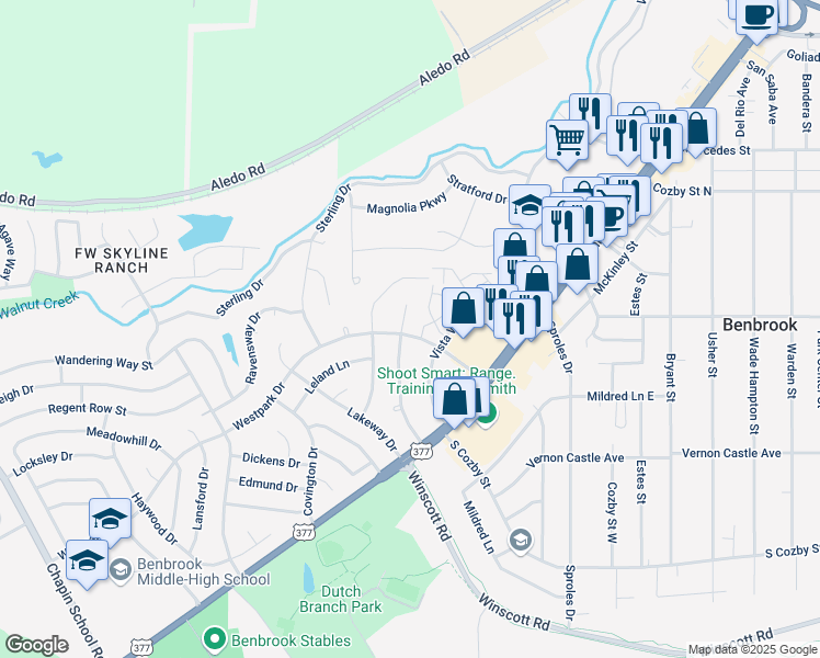 map of restaurants, bars, coffee shops, grocery stores, and more near 300 Lochness Court in Benbrook