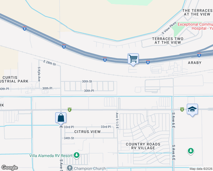 map of restaurants, bars, coffee shops, grocery stores, and more near 3038 Orlando Avenue in Yuma