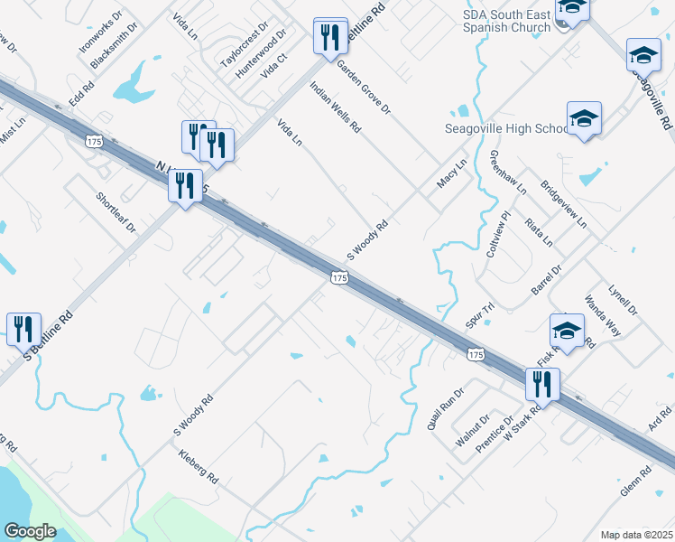 map of restaurants, bars, coffee shops, grocery stores, and more near U.S. Highway 175 in Seagoville