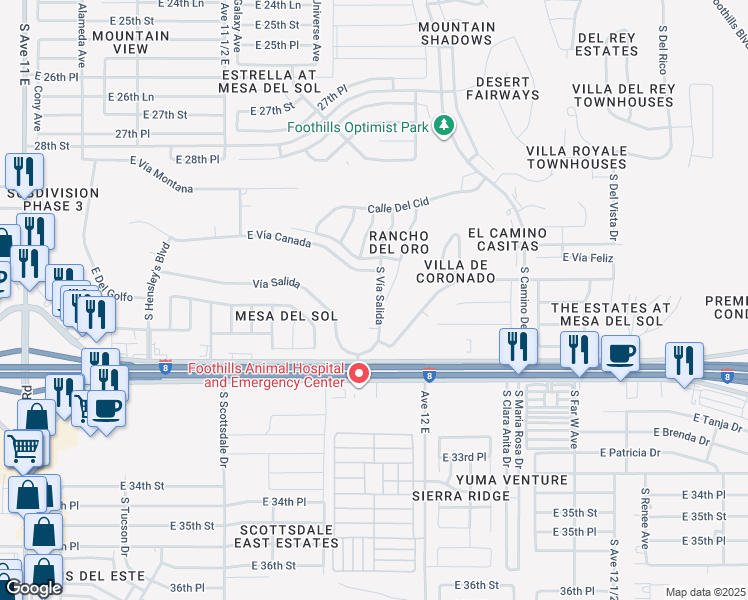 map of restaurants, bars, coffee shops, grocery stores, and more near 10758 South Vía Salida in Yuma