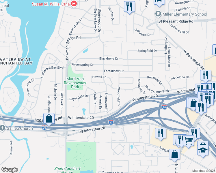 map of restaurants, bars, coffee shops, grocery stores, and more near 6806 High Country Trail in Arlington