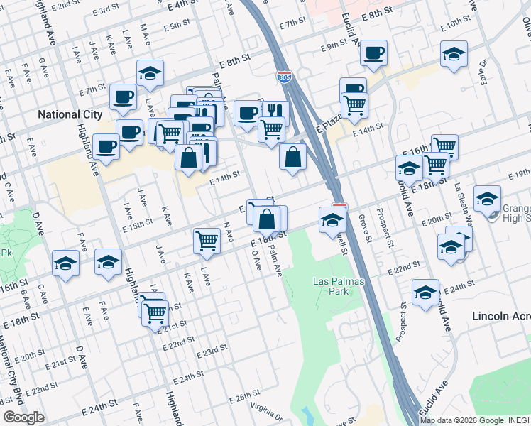 map of restaurants, bars, coffee shops, grocery stores, and more near 1629 Palm Avenue in National City