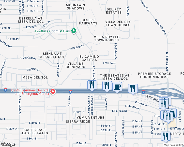 map of restaurants, bars, coffee shops, grocery stores, and more near 10749 Avenue Esperanza in Yuma