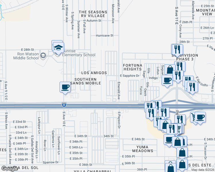 map of restaurants, bars, coffee shops, grocery stores, and more near 10746 South Pearl Avenue in Yuma
