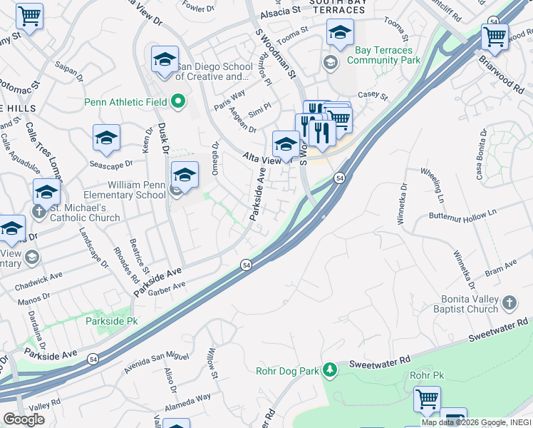 map of restaurants, bars, coffee shops, grocery stores, and more near 6819 Parkside Avenue in San Diego