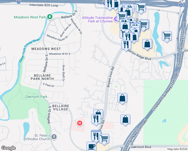 map of restaurants, bars, coffee shops, grocery stores, and more near 6160 Haley Lane in Fort Worth