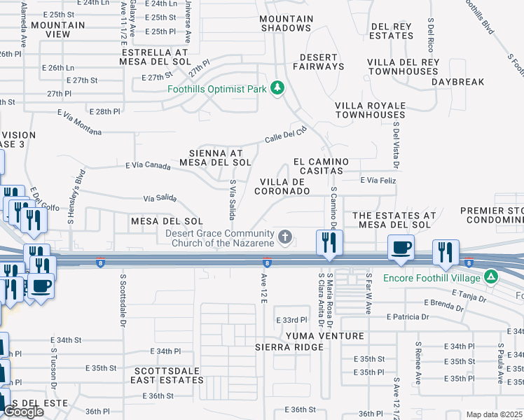map of restaurants, bars, coffee shops, grocery stores, and more near 12106 East Via Loma Vista in Yuma
