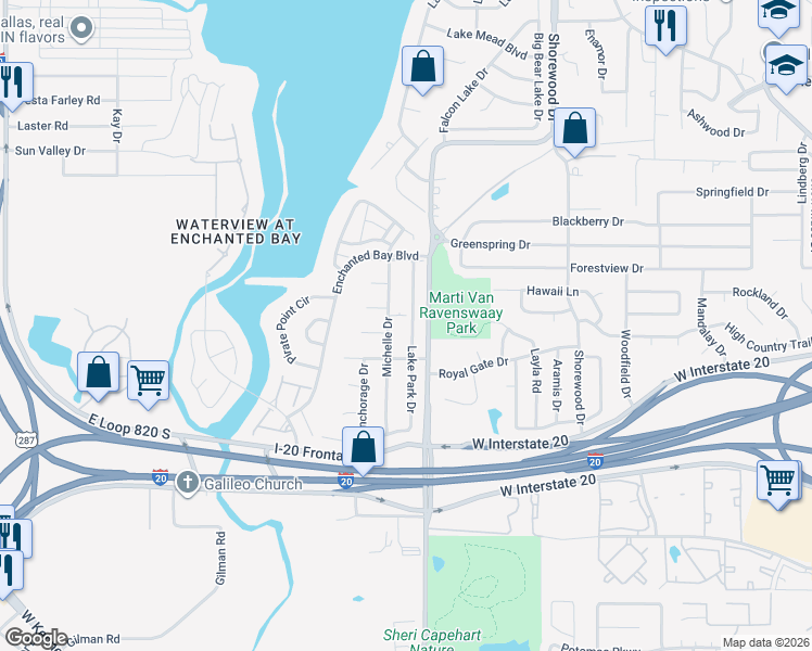 map of restaurants, bars, coffee shops, grocery stores, and more near 4604 Lake Park Drive in Arlington