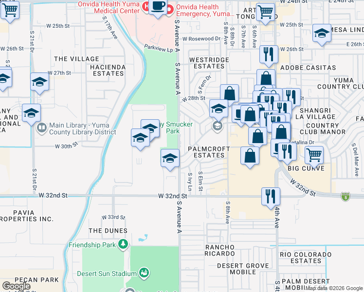 map of restaurants, bars, coffee shops, grocery stores, and more near 2955 South Avenue A in Yuma