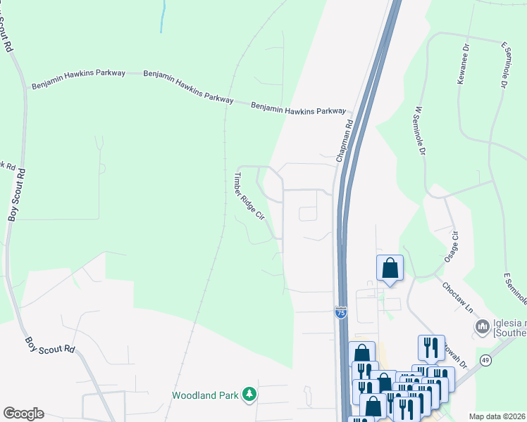 map of restaurants, bars, coffee shops, grocery stores, and more near 109 Timber Ridge Circle in Byron