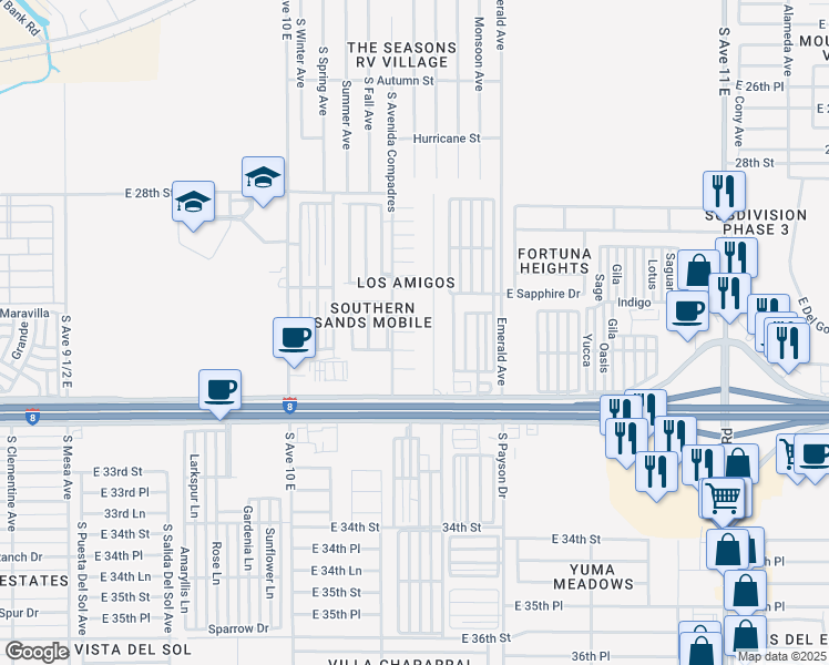 map of restaurants, bars, coffee shops, grocery stores, and more near 10352 E 30th Ln in Yuma