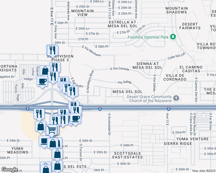map of restaurants, bars, coffee shops, grocery stores, and more near 11426 East Del Golfo in Yuma