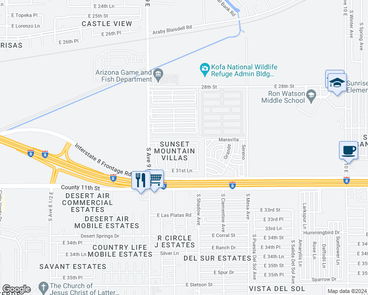 map of restaurants, bars, coffee shops, grocery stores, and more near 3052 South Brand Lee Way in Yuma