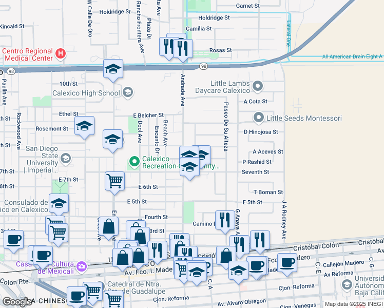 map of restaurants, bars, coffee shops, grocery stores, and more near 720 Andrade Avenue in Calexico