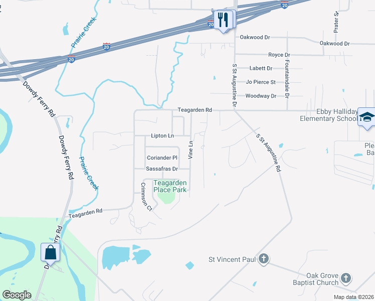 map of restaurants, bars, coffee shops, grocery stores, and more near 2123 Vine Lane in Dallas