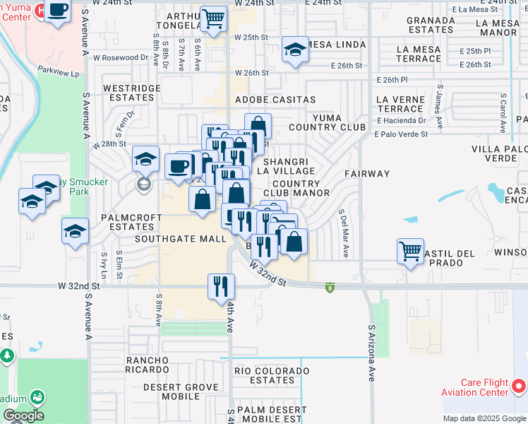 map of restaurants, bars, coffee shops, grocery stores, and more near 223 West Catalina Drive in Yuma