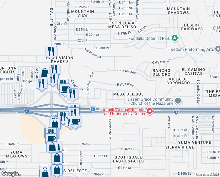 map of restaurants, bars, coffee shops, grocery stores, and more near 11526 East Del Golfo in Yuma