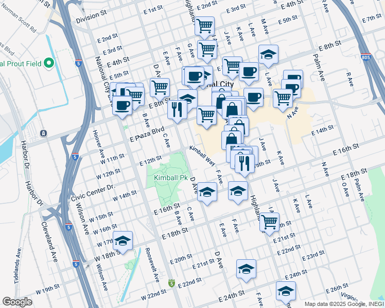 map of restaurants, bars, coffee shops, grocery stores, and more near 1221 D Avenue in National City