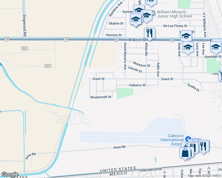 map of restaurants, bars, coffee shops, grocery stores, and more near 1013 West Sherman Street in Calexico