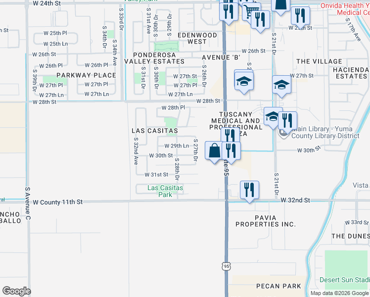 map of restaurants, bars, coffee shops, grocery stores, and more near 2824 West 30th Street in Yuma