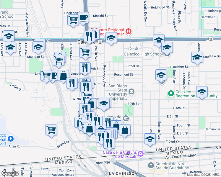 map of restaurants, bars, coffee shops, grocery stores, and more near 219 East Sherman Street in Calexico