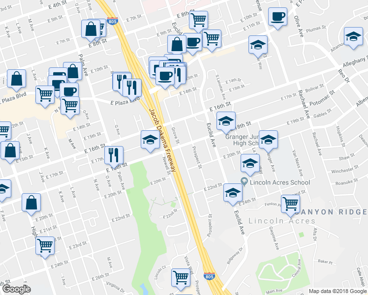 map of restaurants, bars, coffee shops, grocery stores, and more near 1809 Grove Street in National City