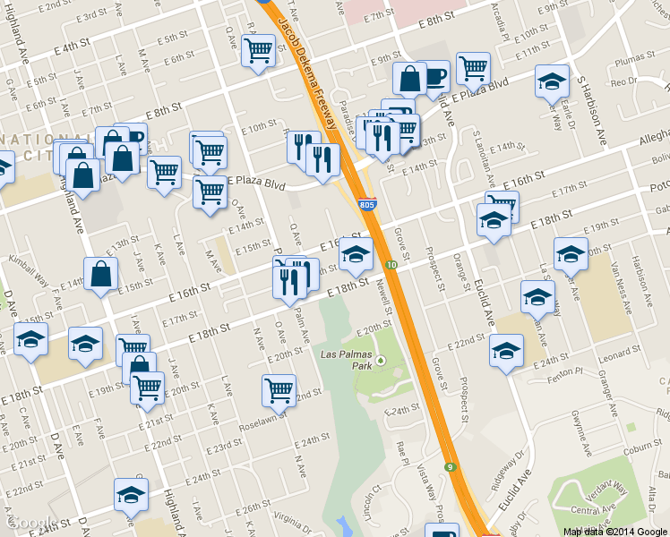 map of restaurants, bars, coffee shops, grocery stores, and more near 1826 East 17th Street in National City