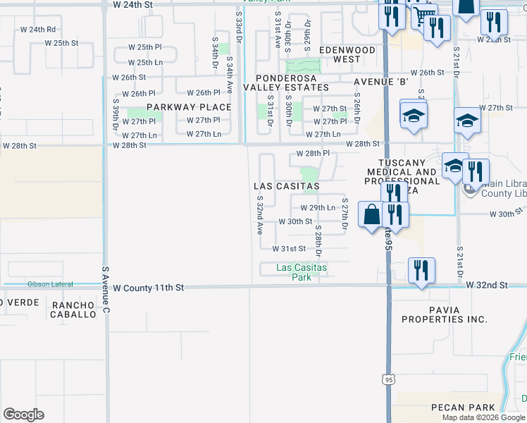map of restaurants, bars, coffee shops, grocery stores, and more near 2998 South 32nd Avenue in Yuma