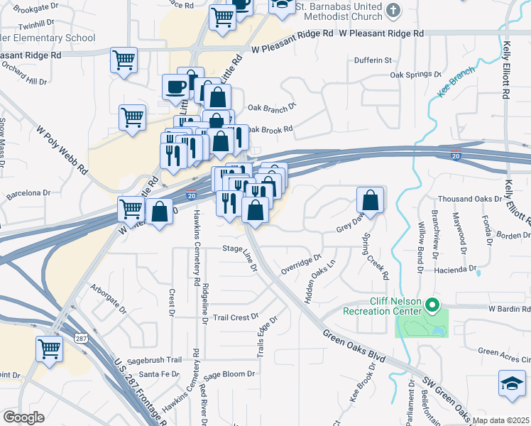 map of restaurants, bars, coffee shops, grocery stores, and more near 5717 Southwest Green Oaks Boulevard in Arlington
