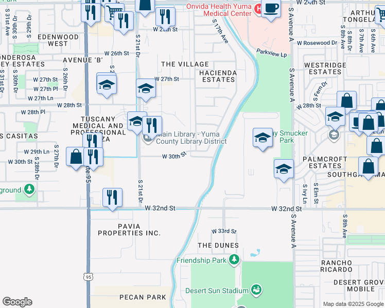 map of restaurants, bars, coffee shops, grocery stores, and more near 1807 West 30th Street in Yuma