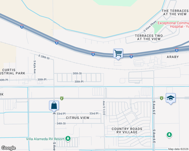 map of restaurants, bars, coffee shops, grocery stores, and more near 3038 Orlando Avenue in Yuma