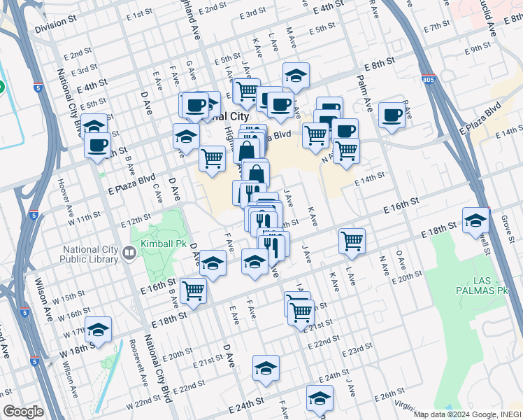 map of restaurants, bars, coffee shops, grocery stores, and more near 1329 Highland Avenue in National City