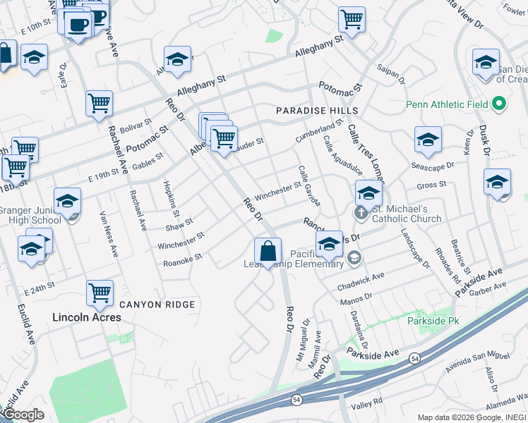 map of restaurants, bars, coffee shops, grocery stores, and more near 5912 Roanoke Street in San Diego