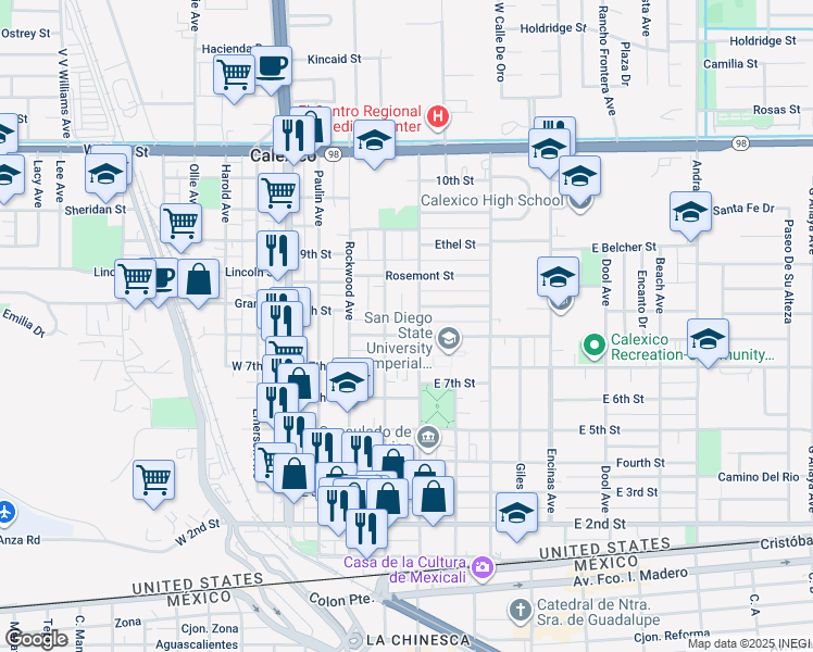 map of restaurants, bars, coffee shops, grocery stores, and more near 317 East Sherman Street in Calexico