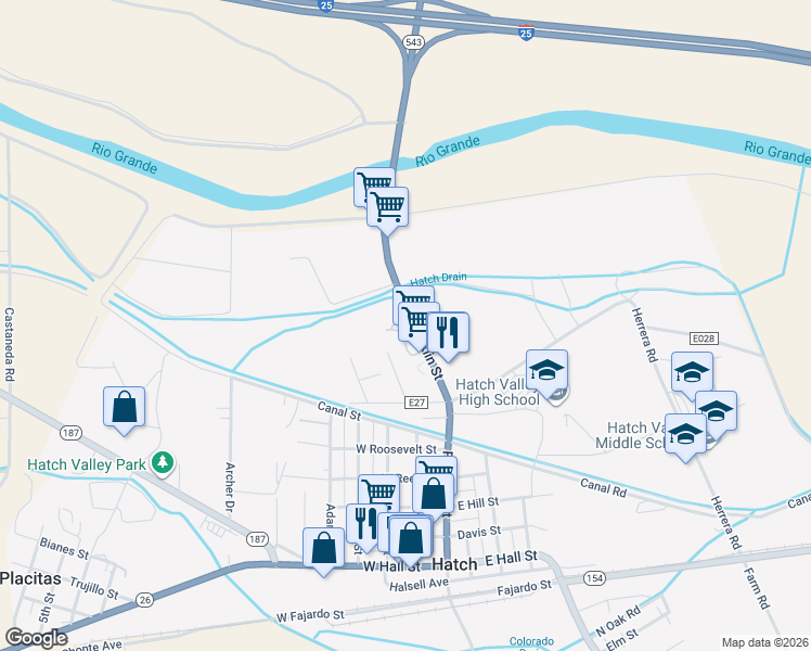 map of restaurants, bars, coffee shops, grocery stores, and more near Village Motel in Hatch