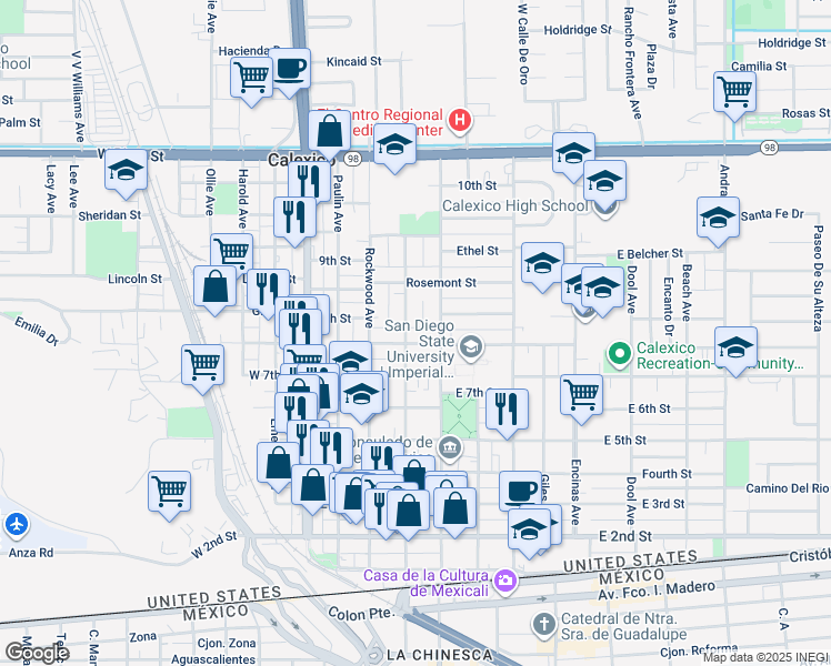 map of restaurants, bars, coffee shops, grocery stores, and more near 317 E Sherman St in Calexico
