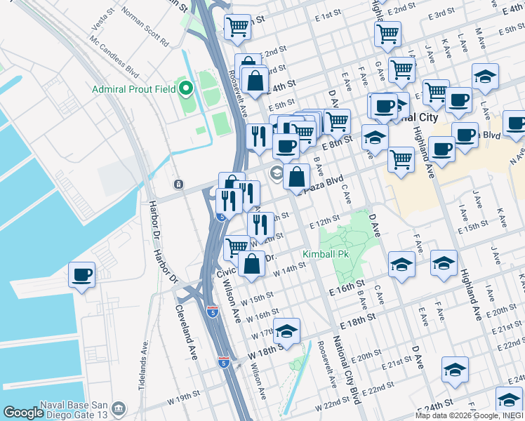 map of restaurants, bars, coffee shops, grocery stores, and more near 141 West 11th Street in National City