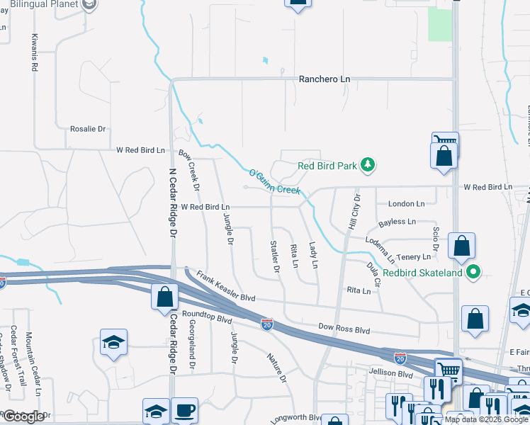 map of restaurants, bars, coffee shops, grocery stores, and more near 546 West Red Bird Lane in Duncanville