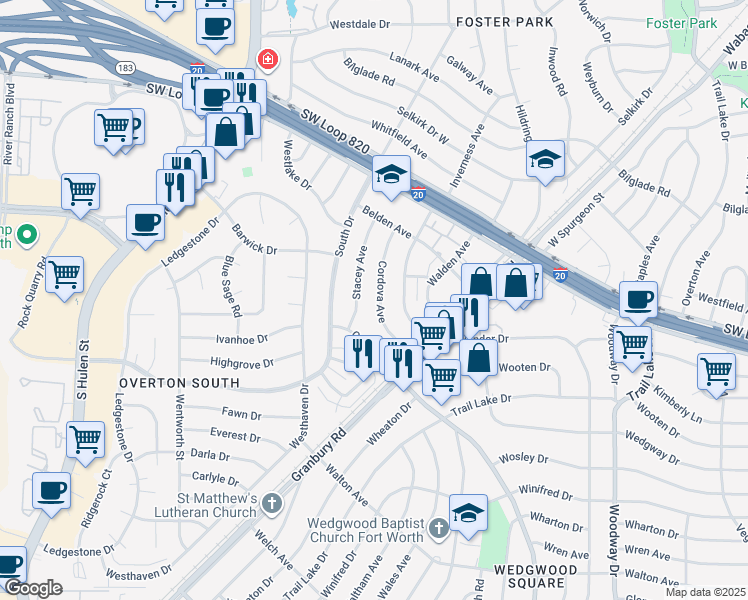 map of restaurants, bars, coffee shops, grocery stores, and more near 5116 Cordova Avenue in Fort Worth