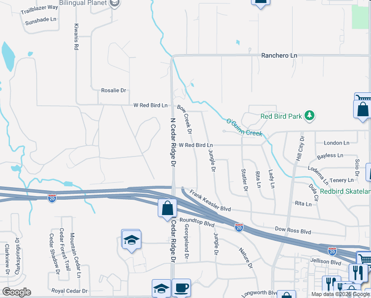 map of restaurants, bars, coffee shops, grocery stores, and more near 714 West Red Bird Lane in Duncanville