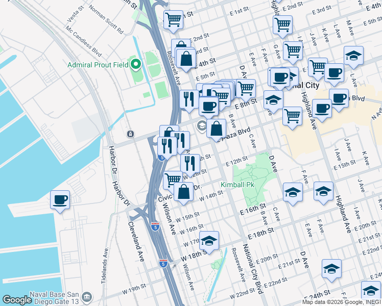 map of restaurants, bars, coffee shops, grocery stores, and more near 141 West 11th Street in National City