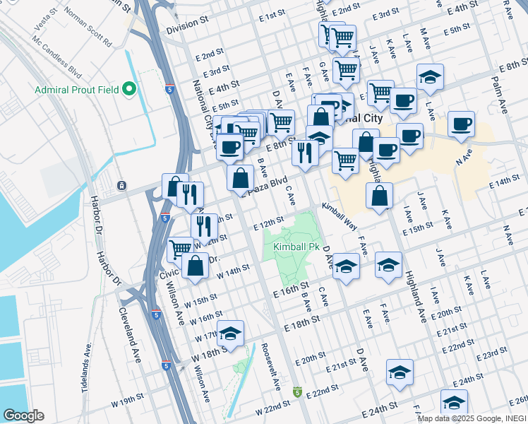 map of restaurants, bars, coffee shops, grocery stores, and more near 45 East 12th Street in National City