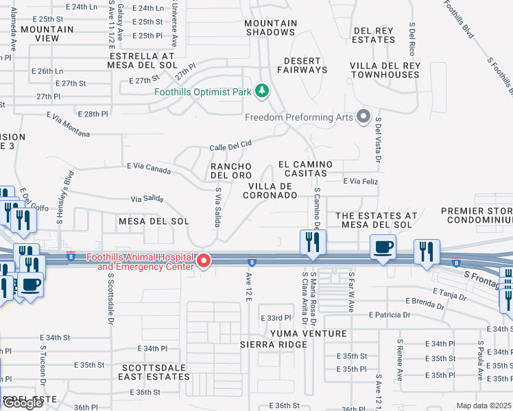 map of restaurants, bars, coffee shops, grocery stores, and more near 12114 East Via Loma Vista in Yuma