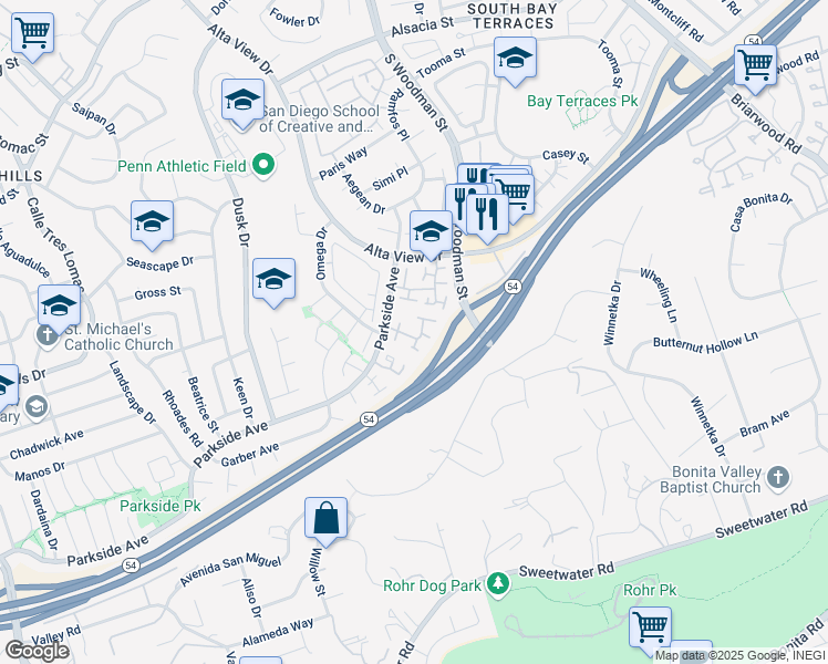 map of restaurants, bars, coffee shops, grocery stores, and more near 6811 Parkside Avenue in San Diego
