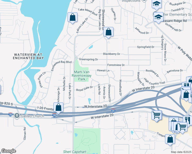 map of restaurants, bars, coffee shops, grocery stores, and more near 7111 Layla Road in Arlington