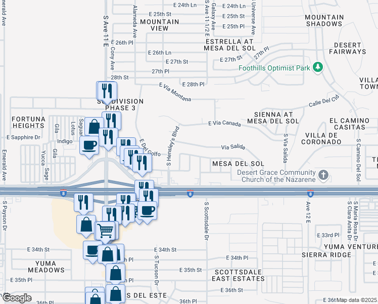 map of restaurants, bars, coffee shops, grocery stores, and more near 11426 East Del Golfo in Yuma